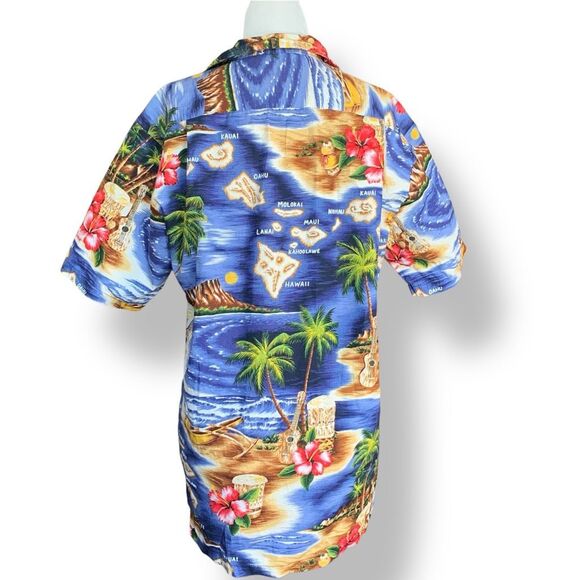 Vintage RJC Hawaiian Shirt Blue Island Map Short Sleeve Floral Aloha Boxy Camp - Picture 3 of 8